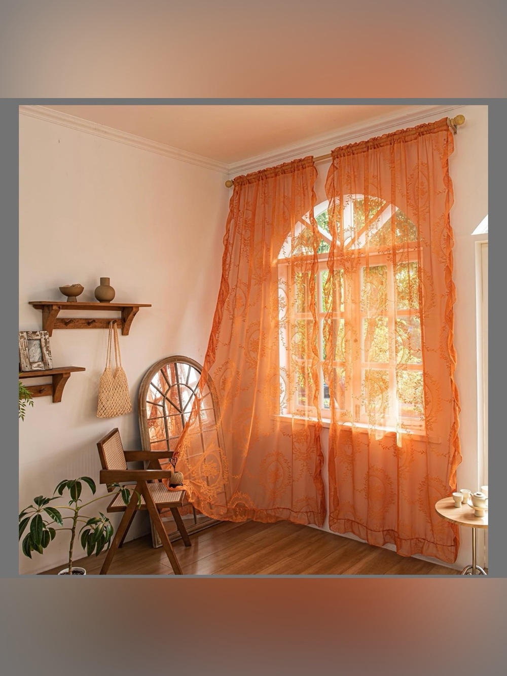 Orange Sheer Window Curtains - Lightweight Floral Drapes